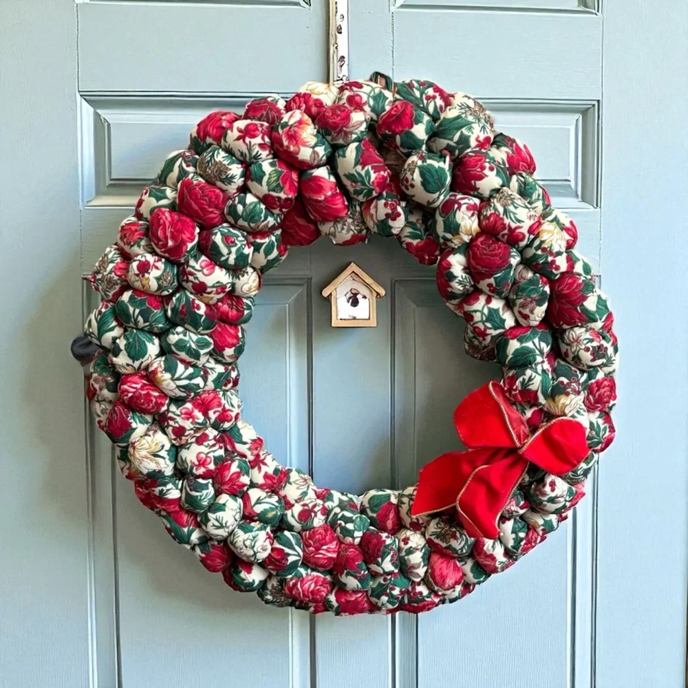 Festive Floral Holiday Wreath with Red Bow Handmade Stuffed Fabric Red 18”